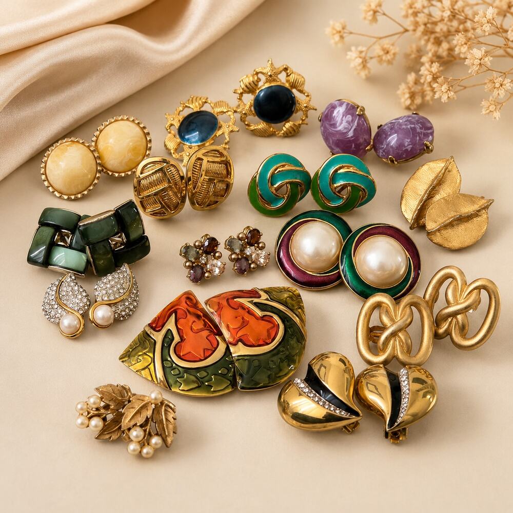 14-Pair Signed Vintage Designer Gold Tone Clip-On & Pierced Earring Lot